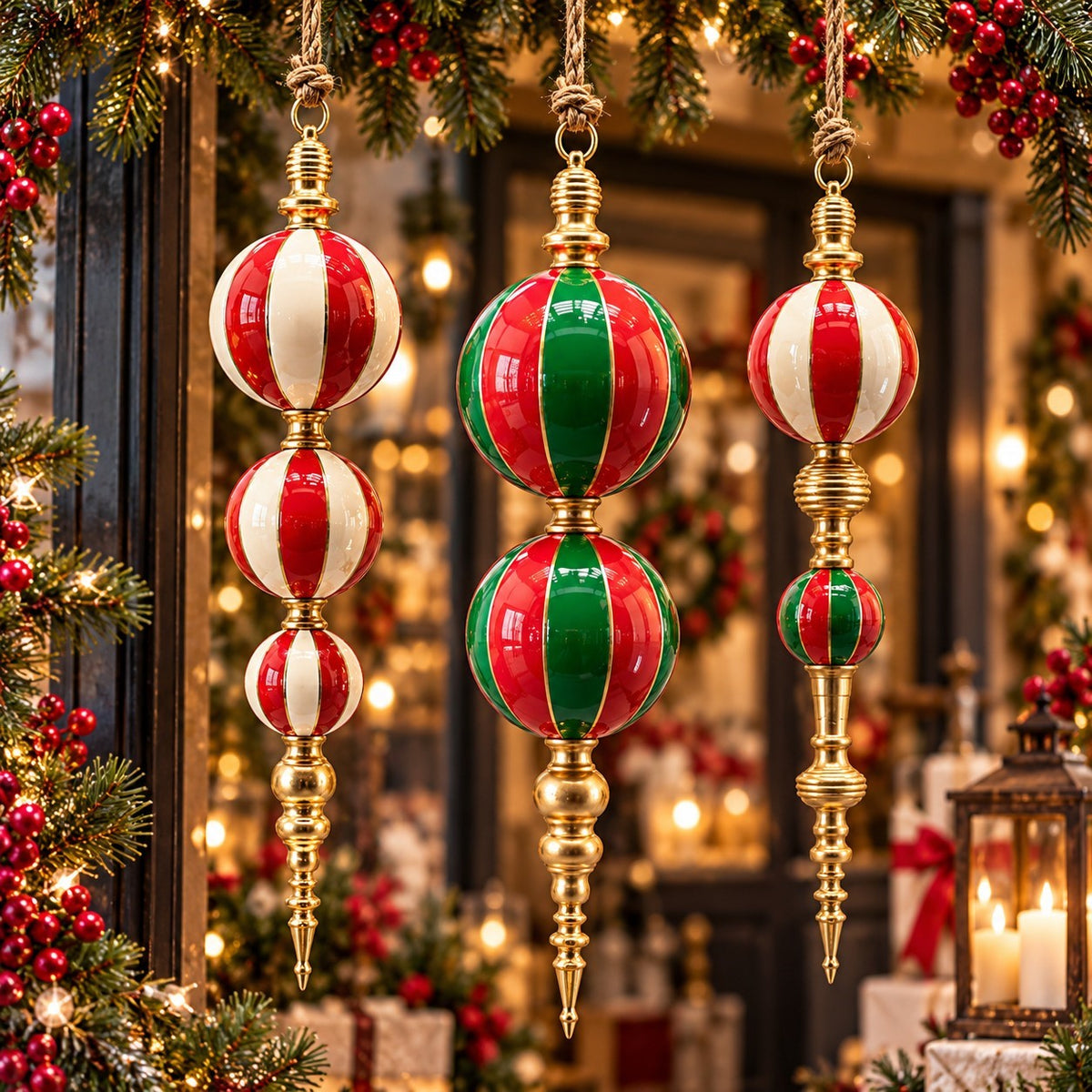 Three red, green, and white striped ornaments hang among festive greenery and warm lights.