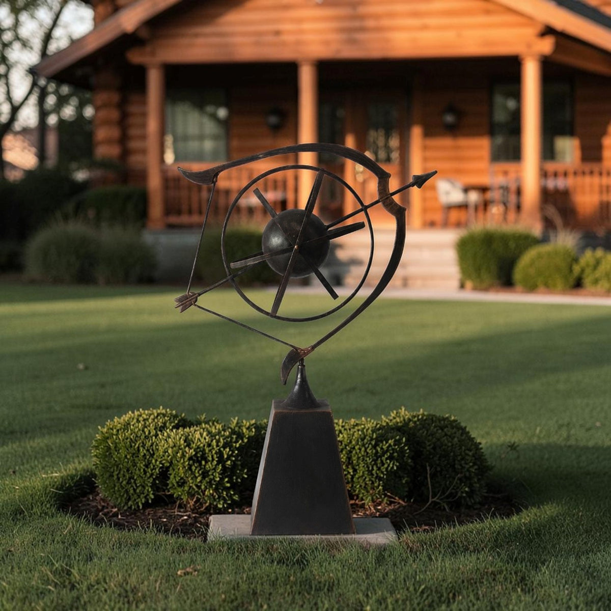 Abstract metal bow-and-arrow sculpture on a pedestal in a landscaped lawn, with a wooden cabin behind it.