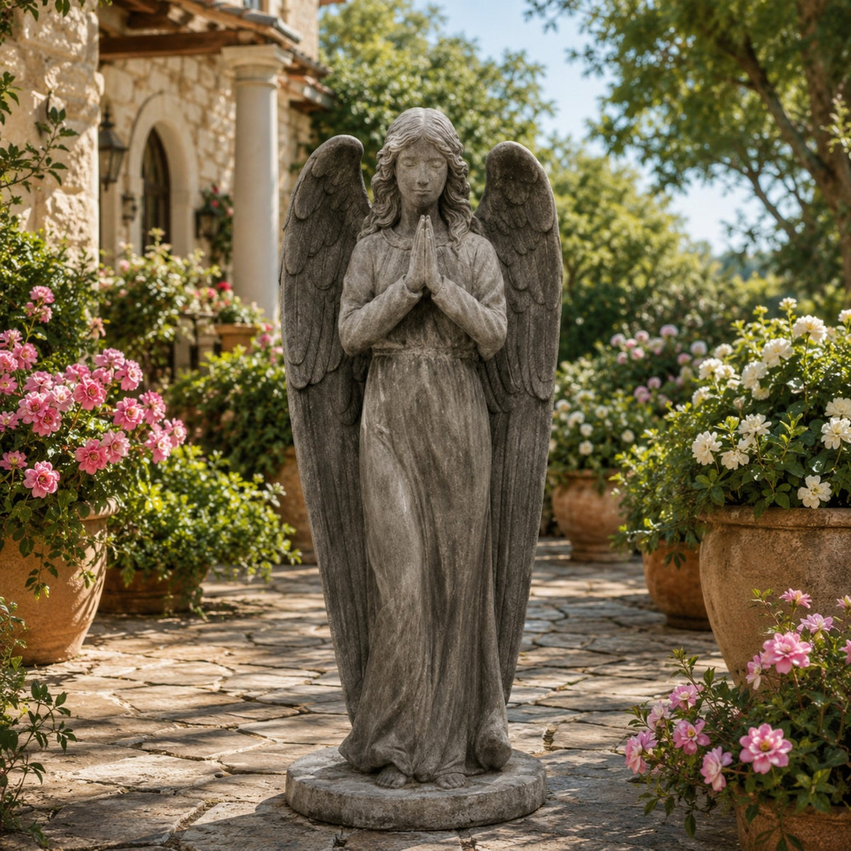 Gray angel statue with folded wings and clasped hands stands among flowering pots on a garden path.