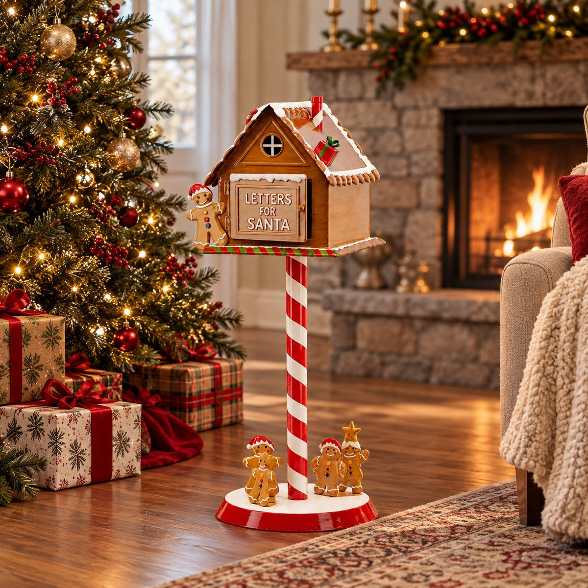 Gingerbread-style mailbox on a red-and-white striped post beside a decorated Christmas tree and fireplace.