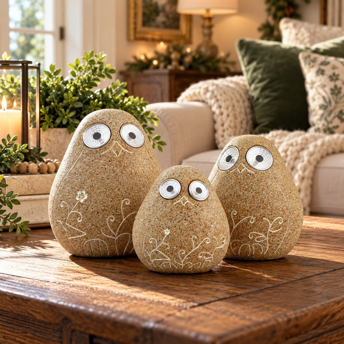 Three tan bird-shaped ornaments with floral etching sit together on a wooden coffee table.