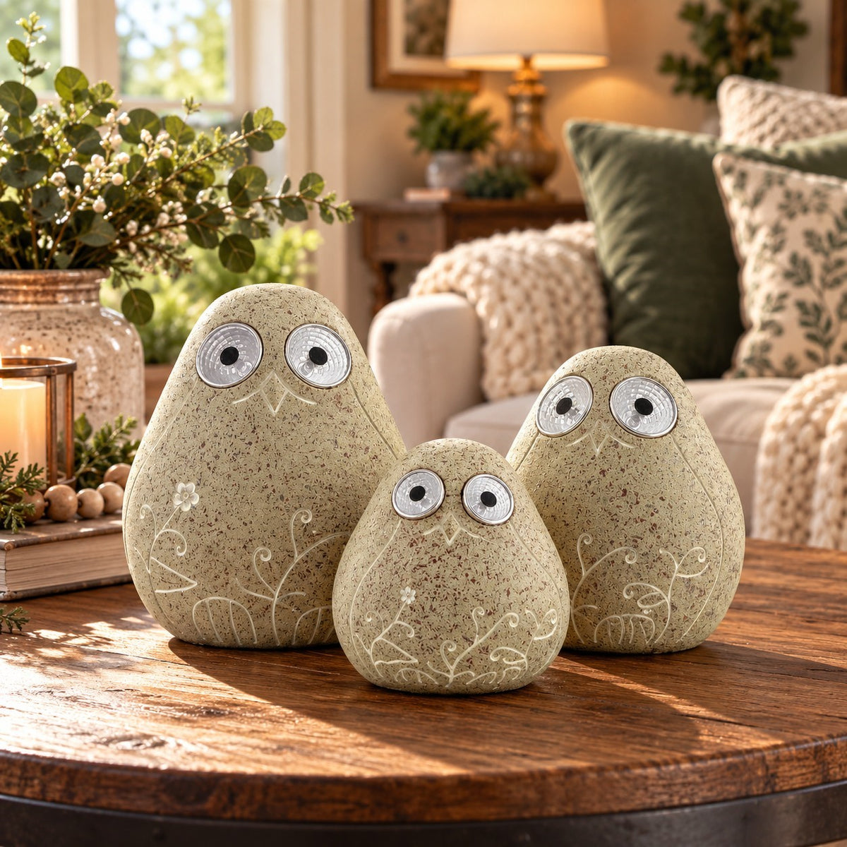 Three beige bird-shaped ornaments with floral etching sit together on a wooden table.