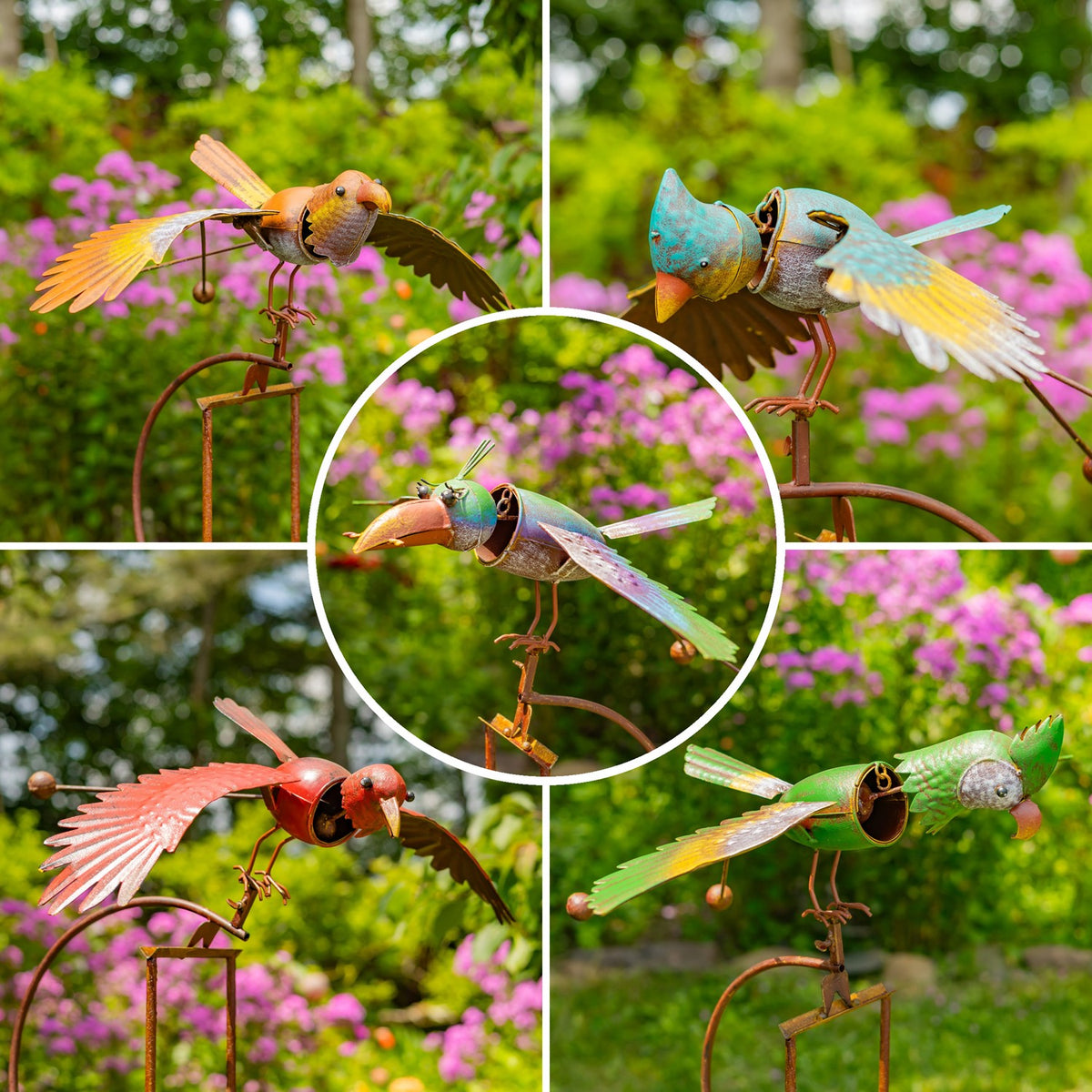 Colorful rocking bird garden stakes shown in a collage among flowering garden plants
