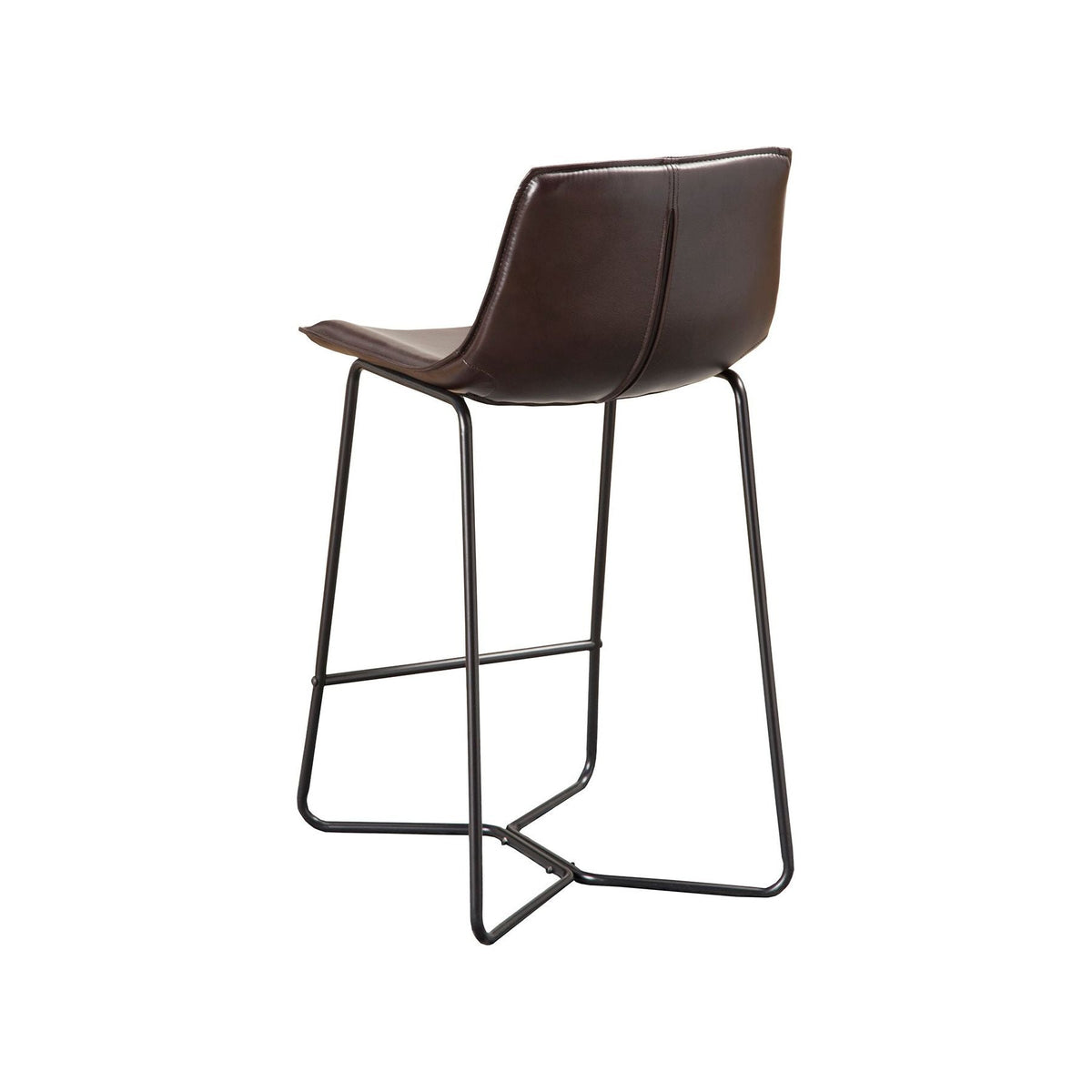 Dark brown bonded leather pub chair with black metal legs, rear angle