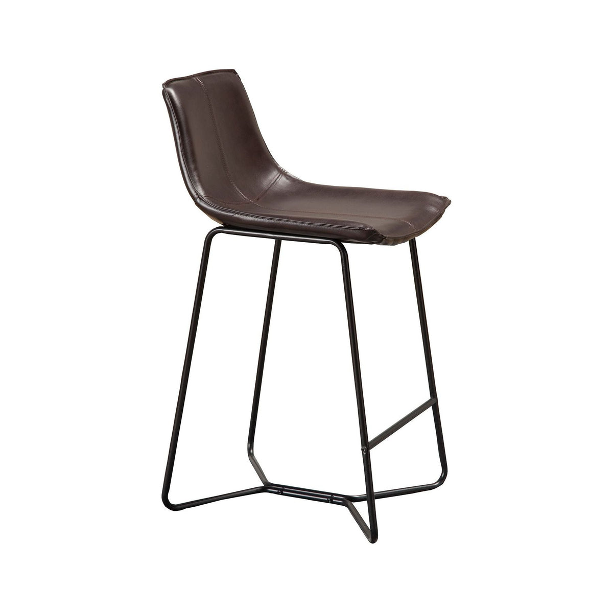 Dark brown bonded leather pub chair with black metal legs, side angle