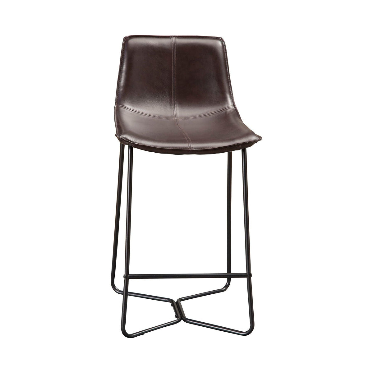 Dark brown bonded leather pub chair with black metal legs, front view
