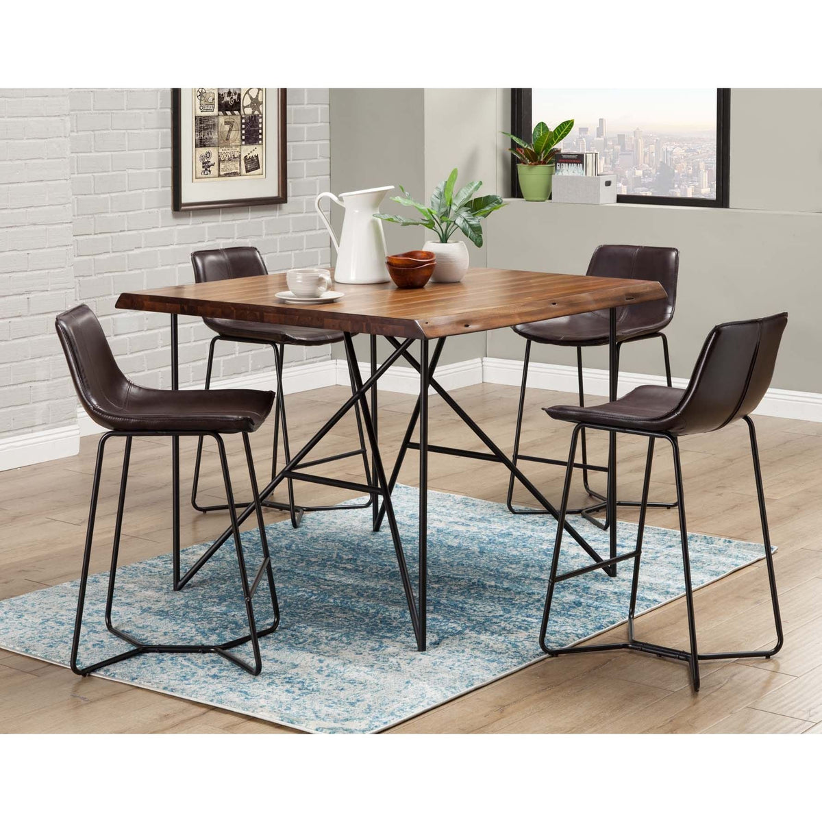 Light walnut square pub table with black metal legs and chairs in a dining room