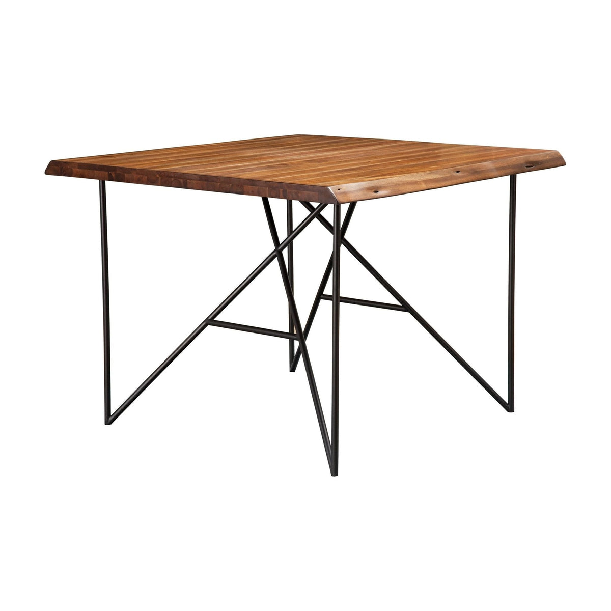 Light walnut live edge pub table shown at an angle against a white background