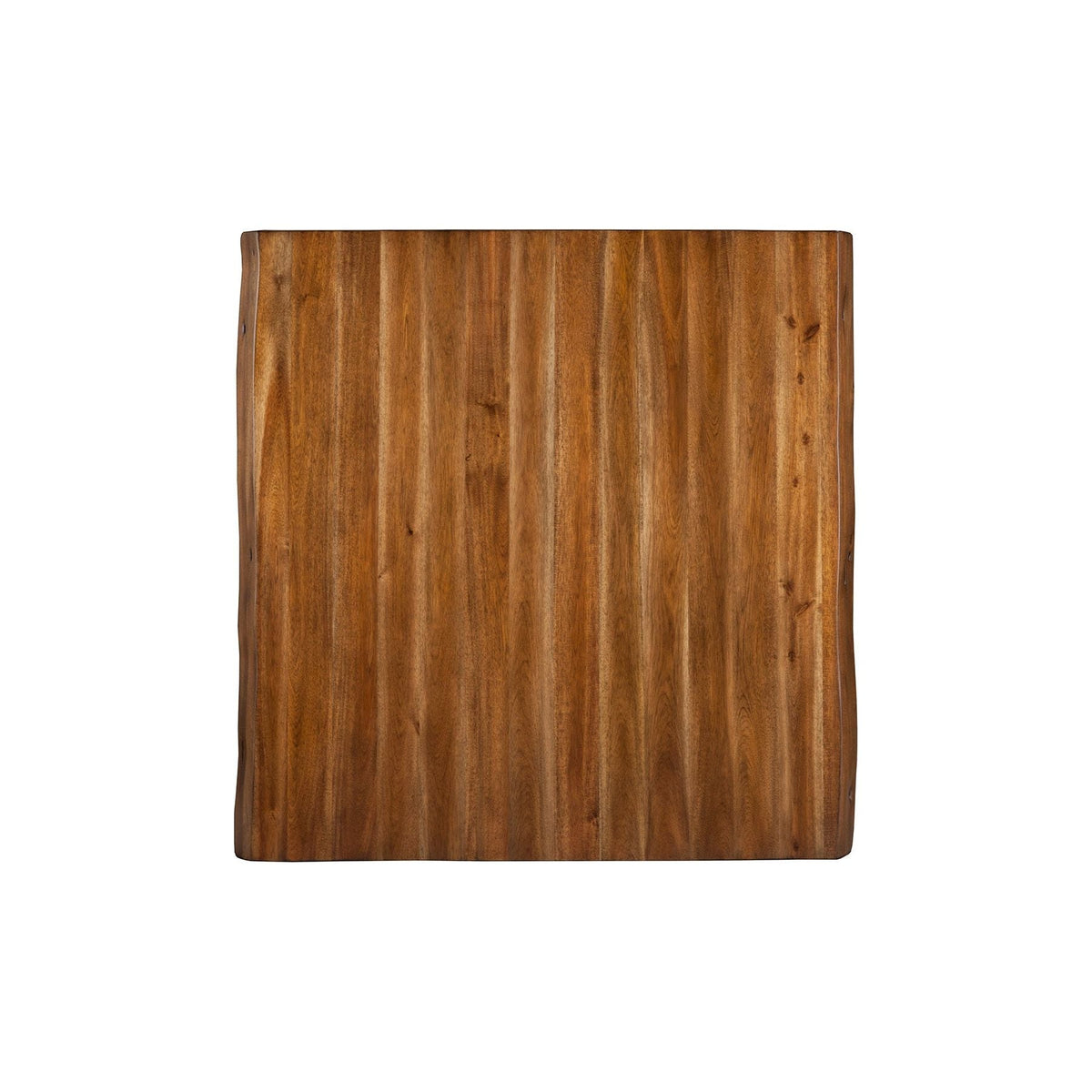 Top-down view of the square light walnut wood tabletop