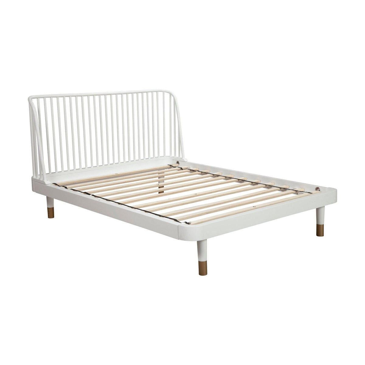 White platform bed frame with wooden slats, shown from an angled view