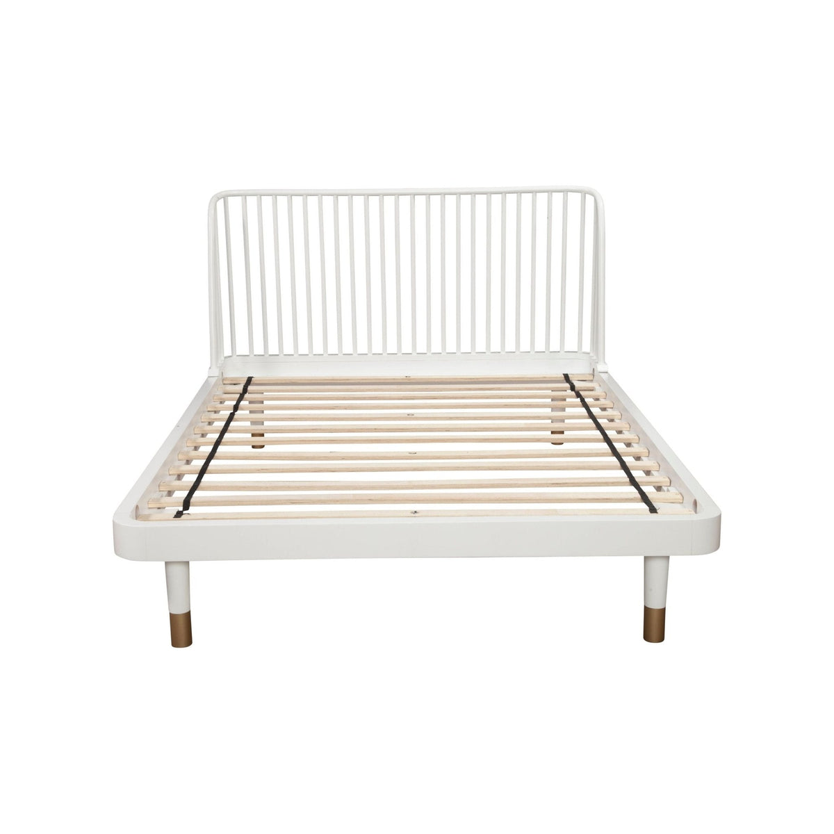 White platform bed frame and wooden slats viewed from the foot