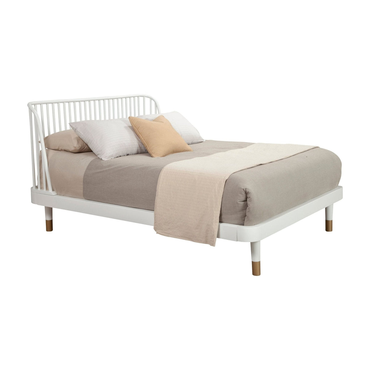 White slat-back platform bed with gold-finished legs, angled studio view