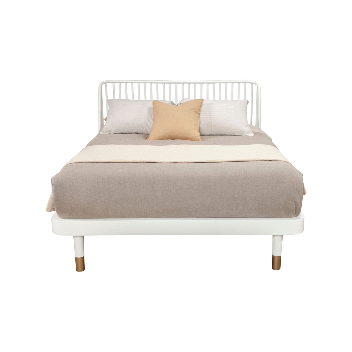 White platform bed with slat-back headboard, viewed straight on