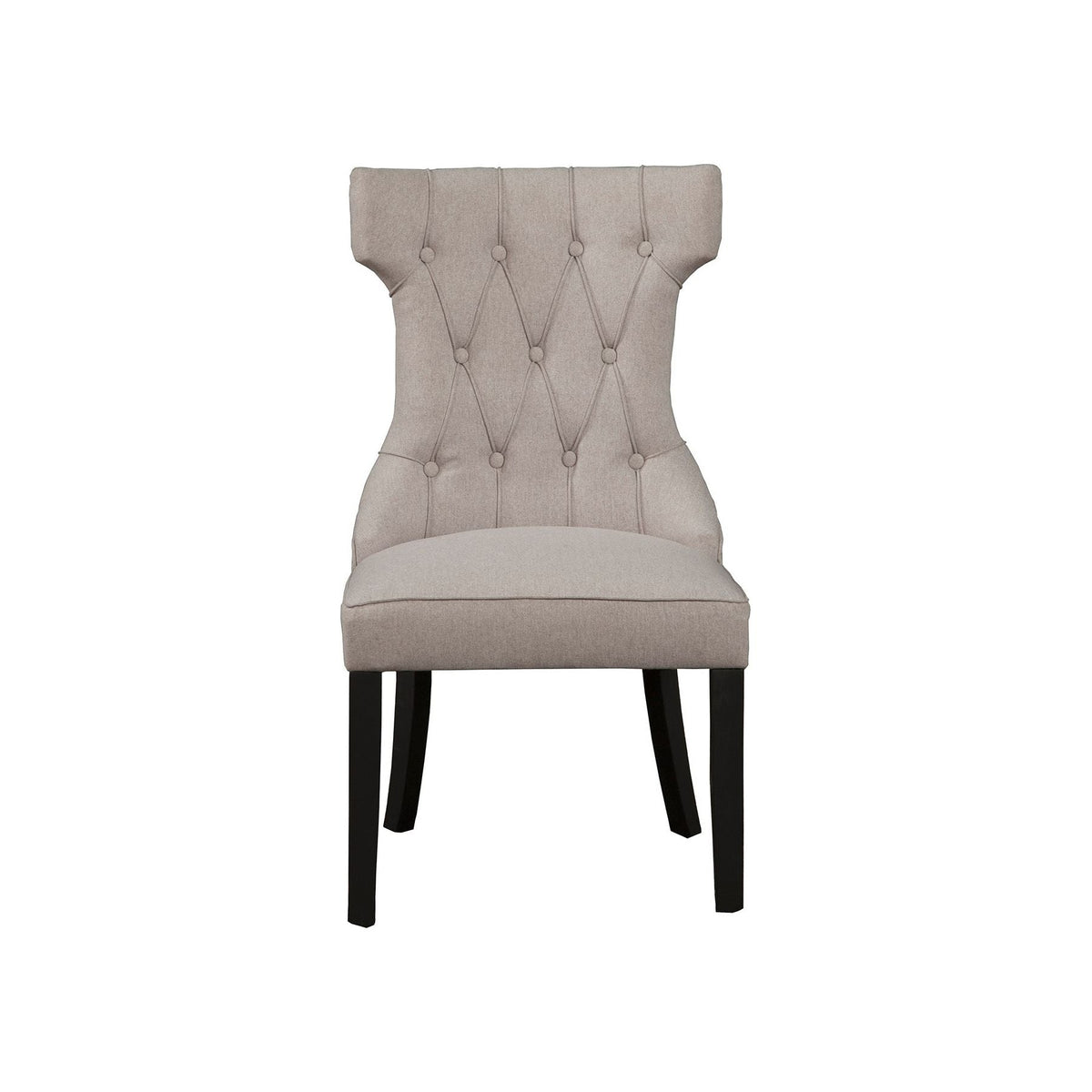 Light grey button-tufted dining chair with black legs, straight-on view