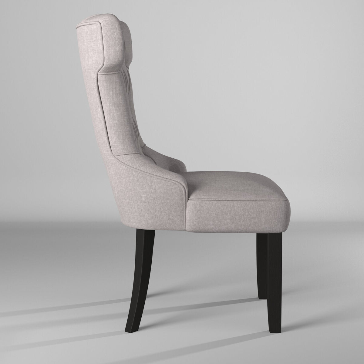 Light grey upholstered dining chair with black legs, side profile