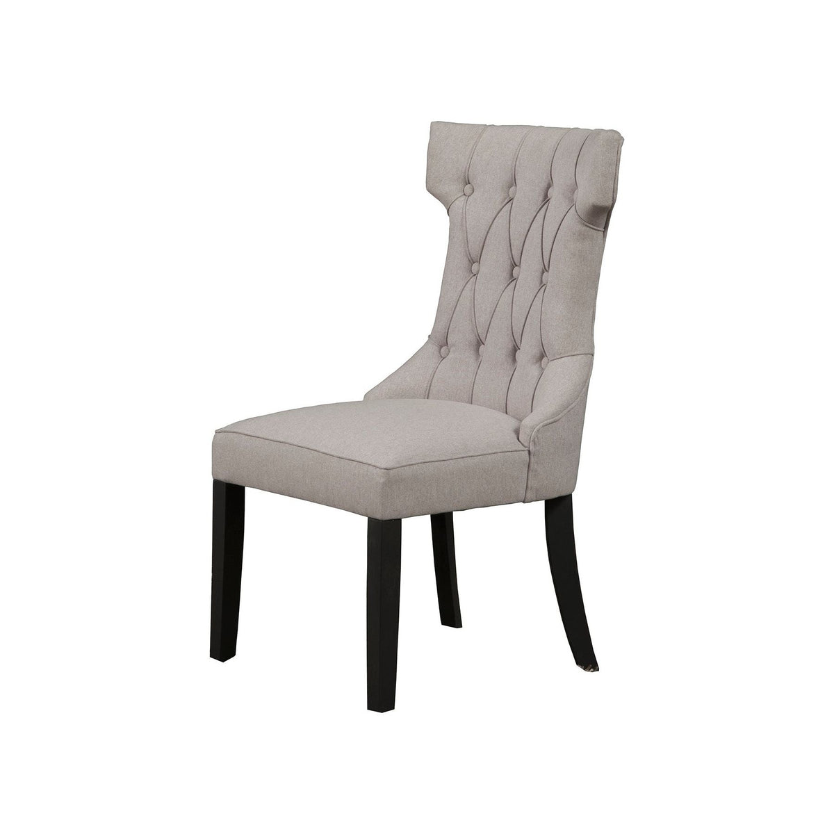 Light grey button-tufted dining chair with black legs, angled front view