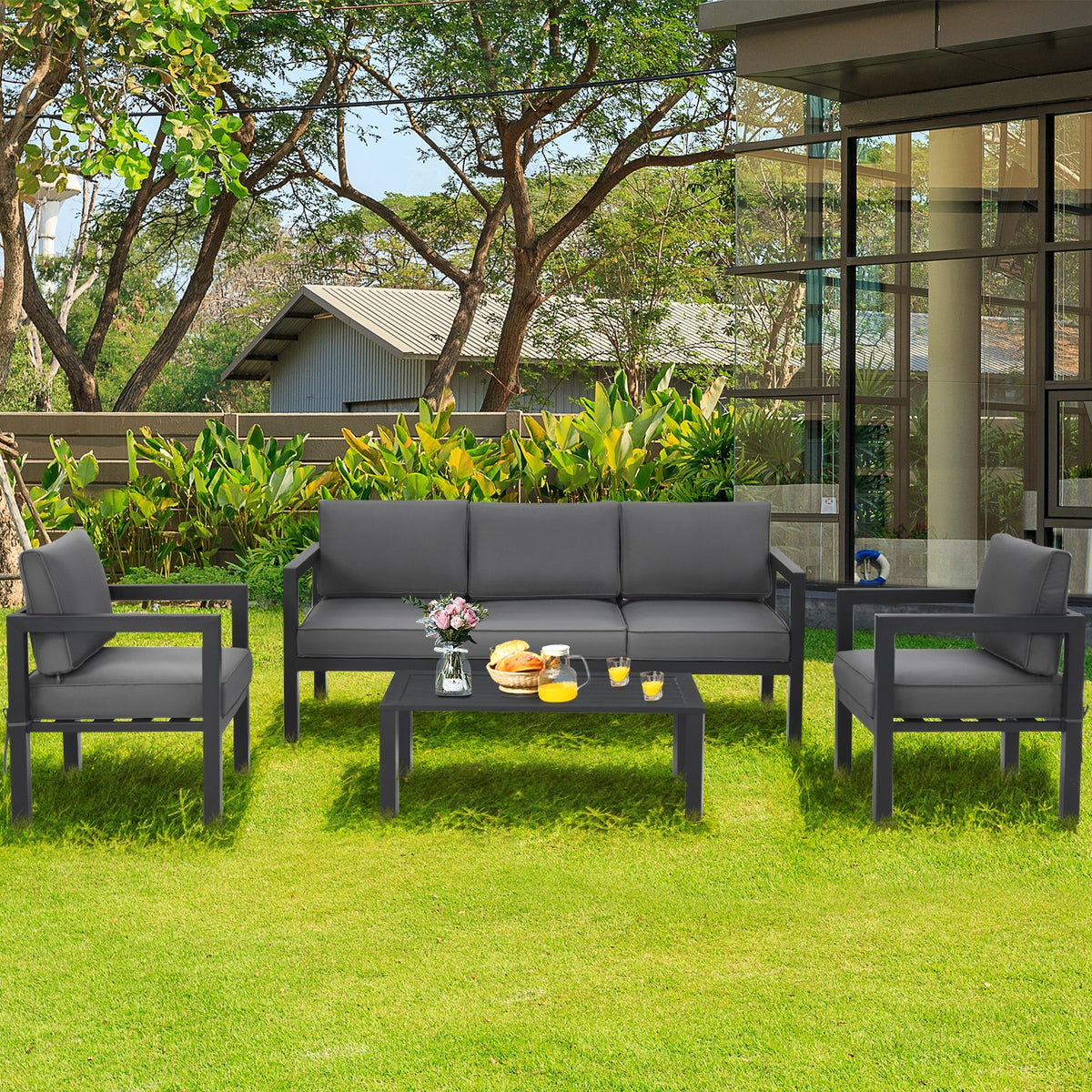 4 Pieces Outdoor Furniture Set for Backyard and Poolside, Gray