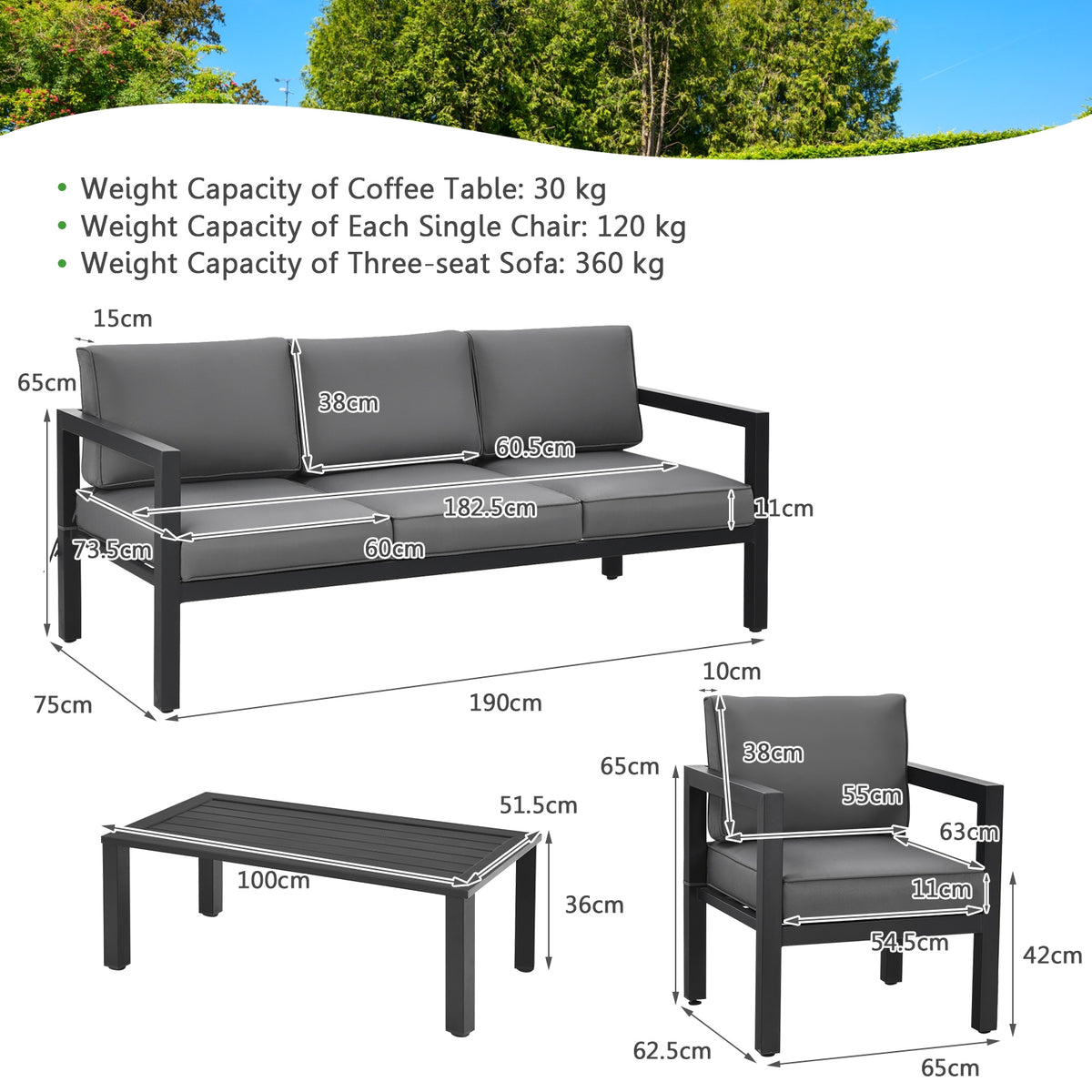 4 Pieces Outdoor Furniture Set for Backyard and Poolside, Gray