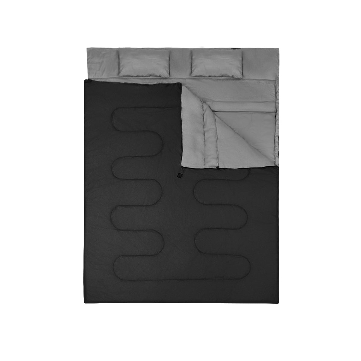 Black sleeping bag opened at one corner to reveal its gray lining and two gray pillows.