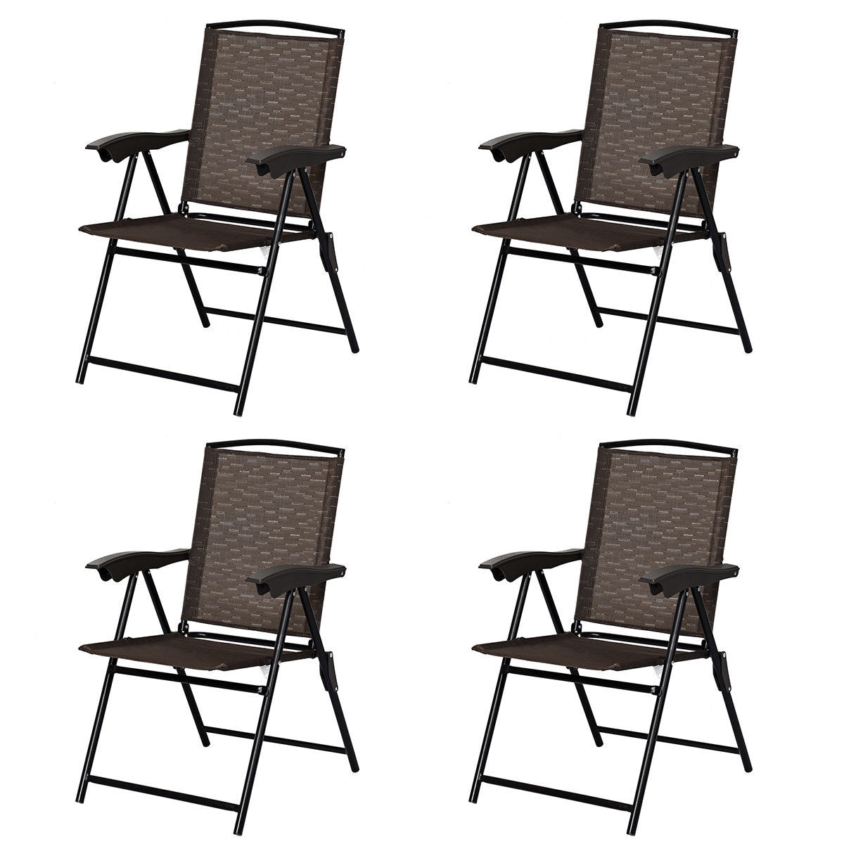 Four brown sling-back folding chairs with black frames, shown from the other side in a two-by-two layout.