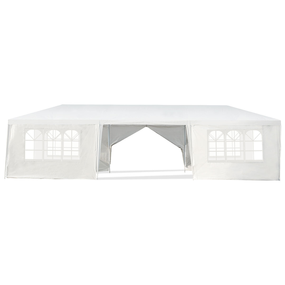 Straight-on view of a white canopy tent with a central open doorway between windowed side panels.