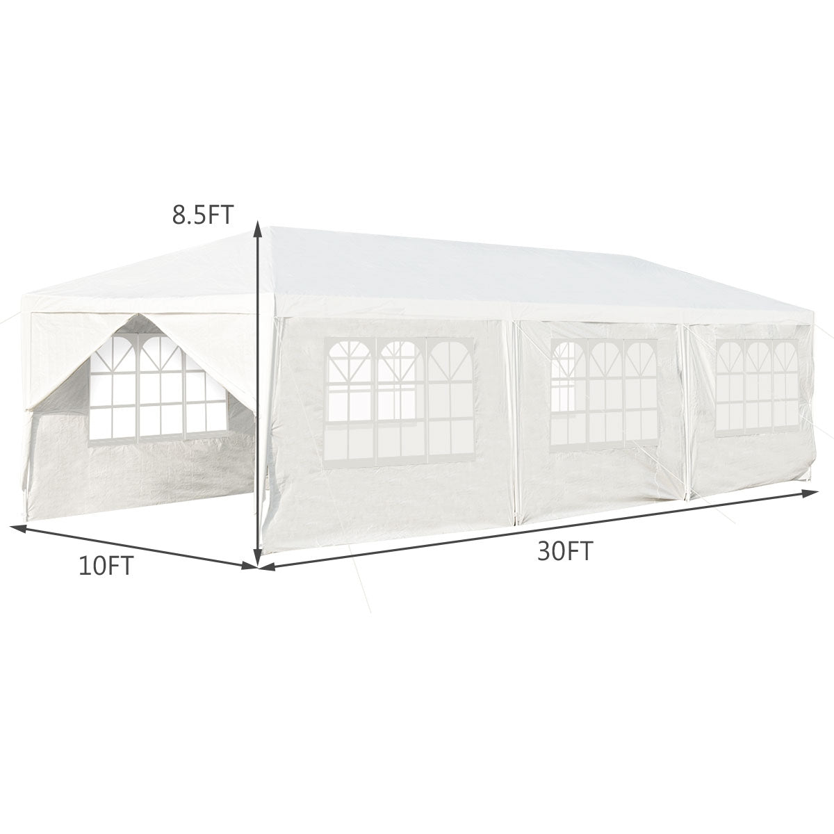 White canopy tent shown with arrows marking its length, width, and height.