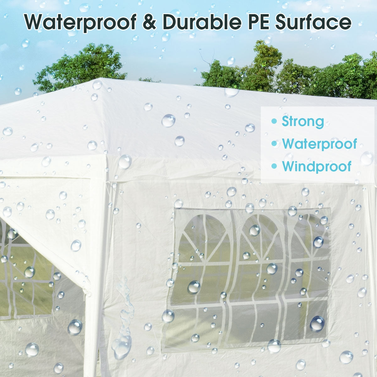Close view of a white canopy roof and windowed sidewall with water droplets overlaid.