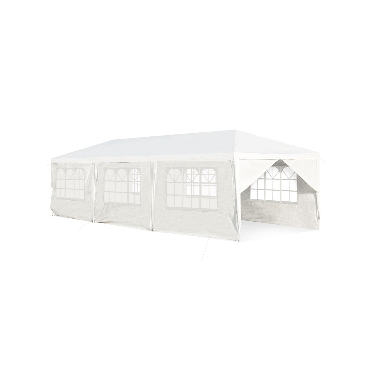 White canopy tent against a plain background, with windowed side panels and an open entrance at one end.