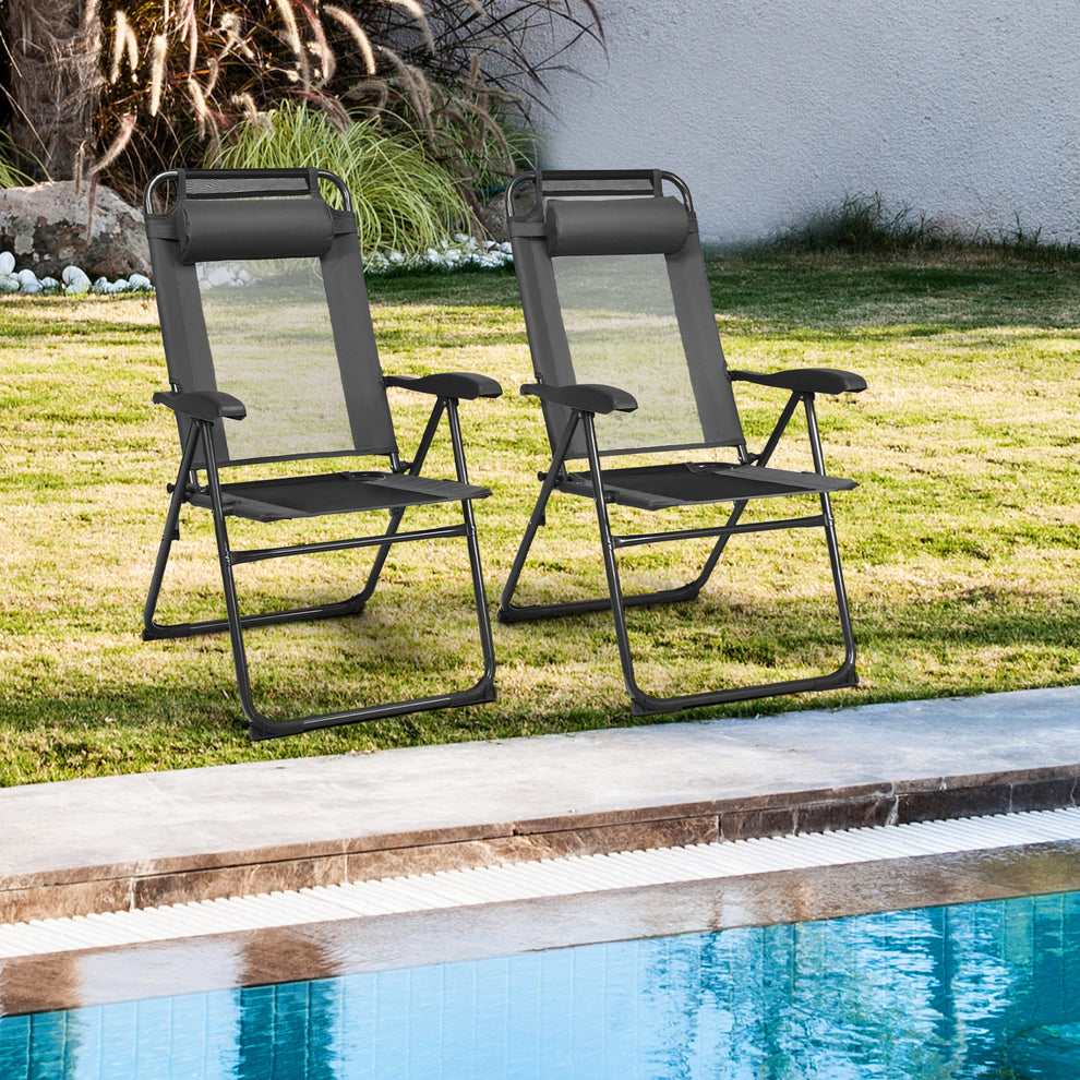 2 Pieces Patio Adjustable Folding Recliner Chairs with 7 Level Adjustable Backrest, Gray