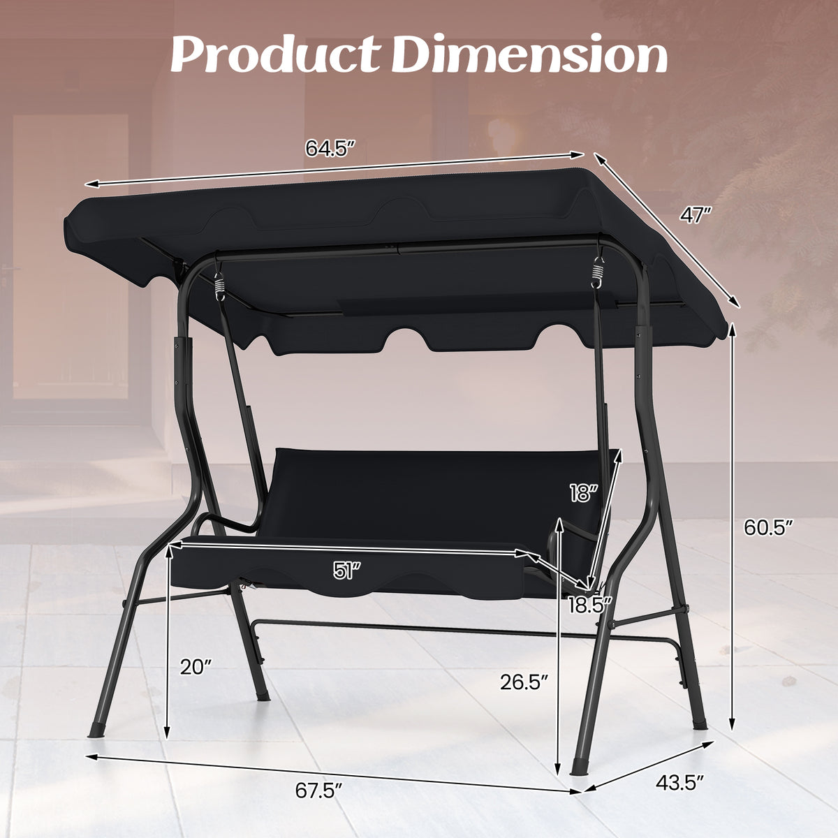 3 Seat Outdoor Patio Canopy Swing with Cushioned Steel Frame
