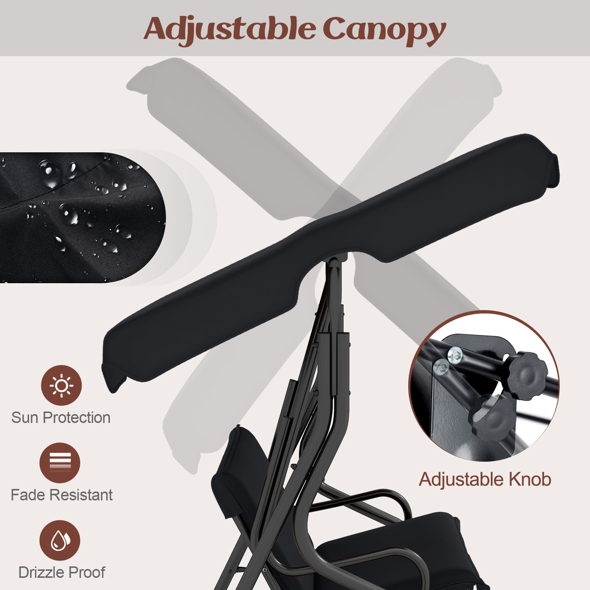 3 Seat Outdoor Patio Canopy Swing with Cushioned Steel Frame