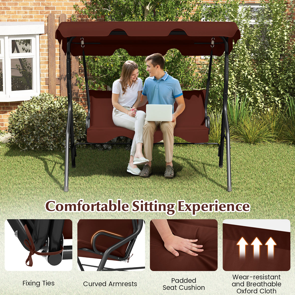 3 Seat Outdoor Patio Canopy Swing with Cushioned Steel Frame