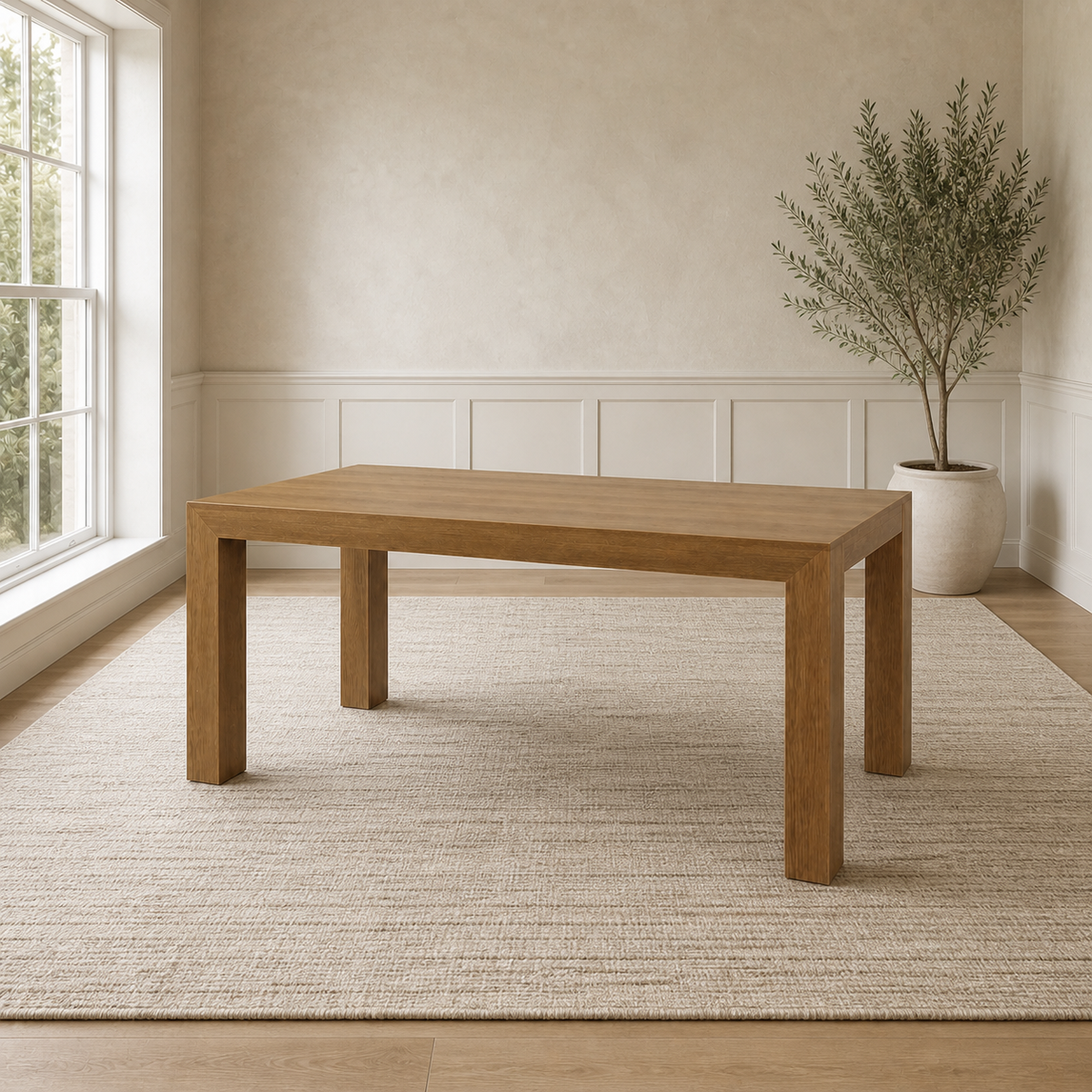Rectangular solid pine dining table in pecan wirebrush finish centered on a textured rug by a large window