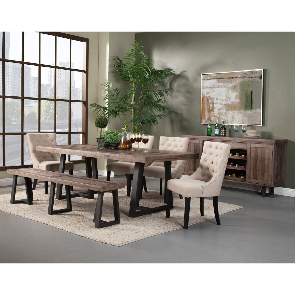 Cream upholstered dining chairs around a wood table in a bright dining room