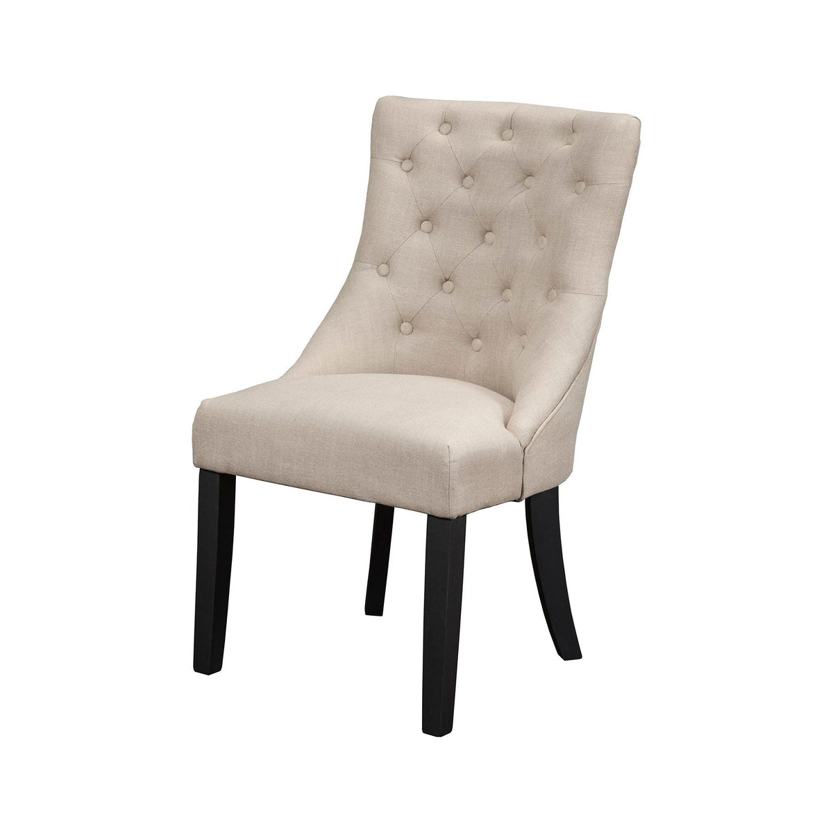 Cream button-tufted dining side chair with a curved back and black legs, front angle