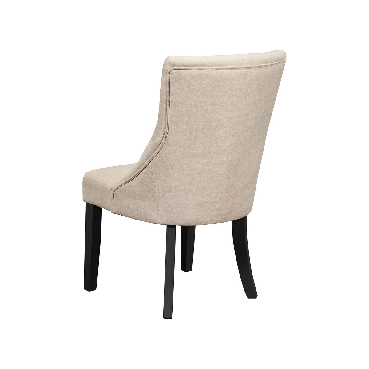 Rear view of a cream upholstered dining chair with a curved back and black legs