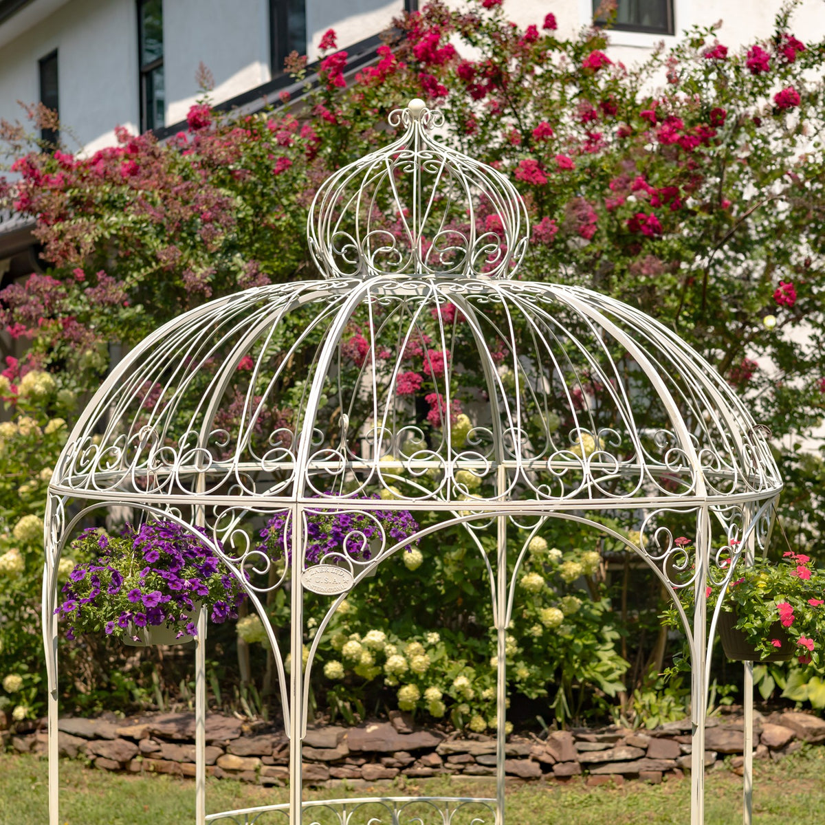 Close view of the ornate antique white domed gazebo roof outdoors