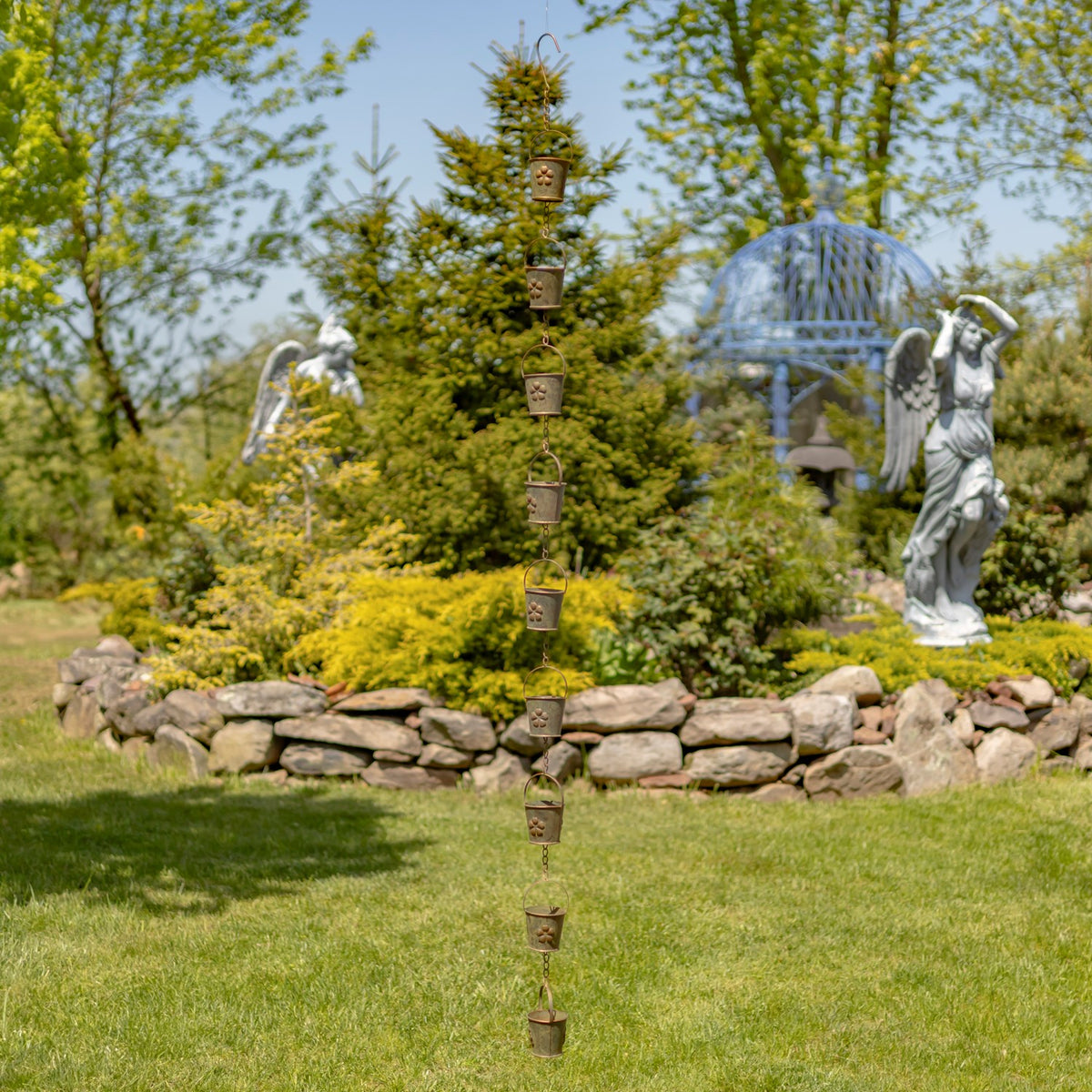 78" Long Iron Bucket Rain Chain in Antique Copper