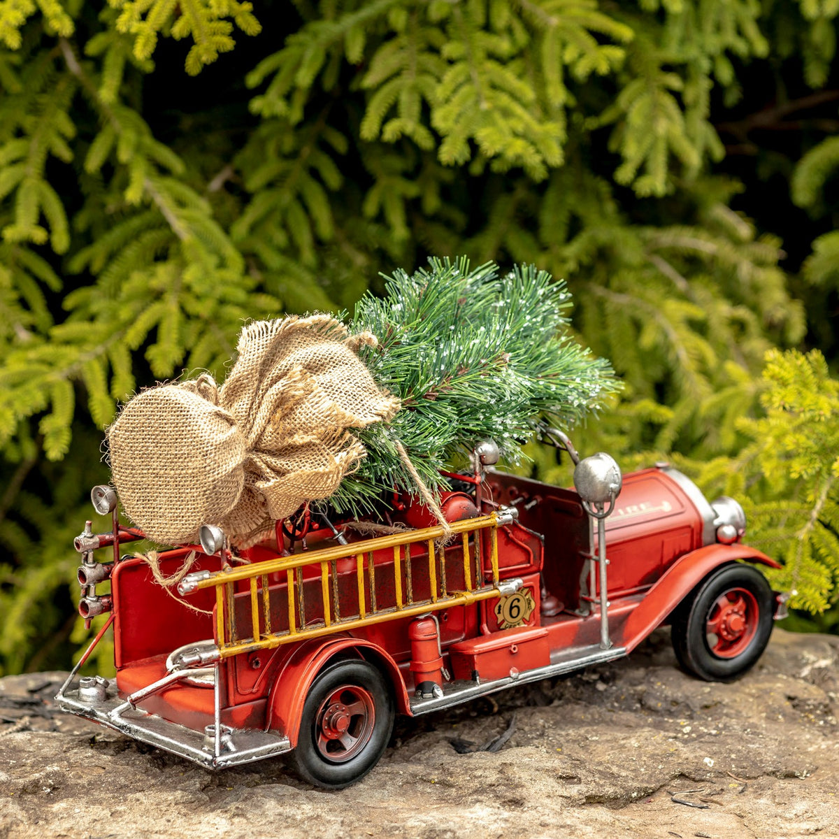 Rear side of a red fire truck with a miniature tree and burlap bundle secured in its open bed.