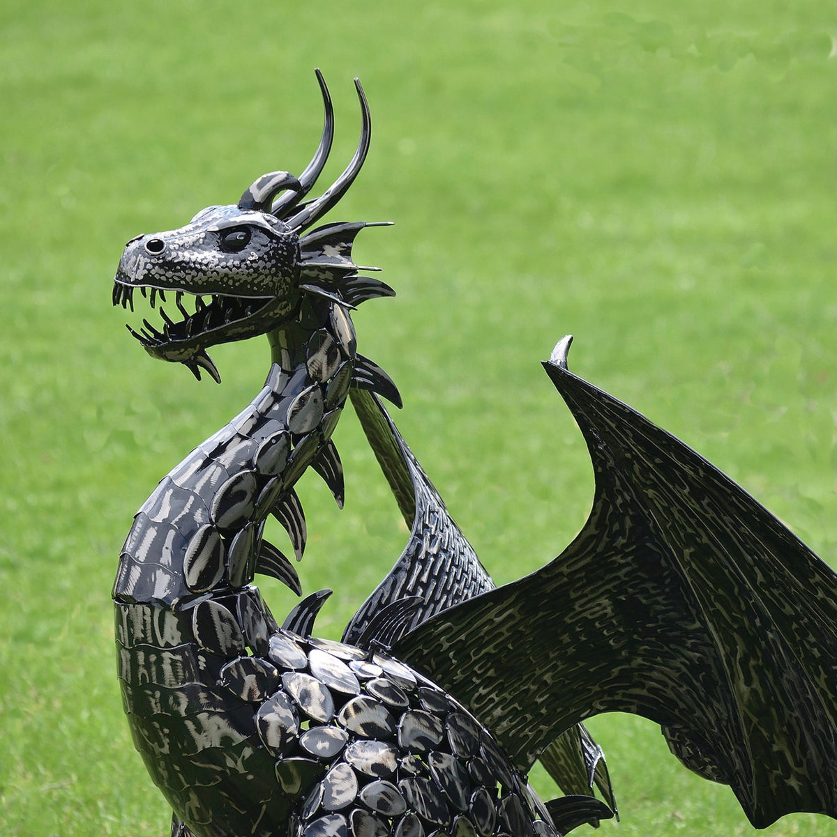 Close view of the dragon’s horned head, open jaws, curved neck, and textured wing against grass.