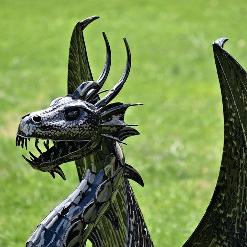 Close-up of the dragon’s horned head, open toothy mouth, neck, and one raised wing.