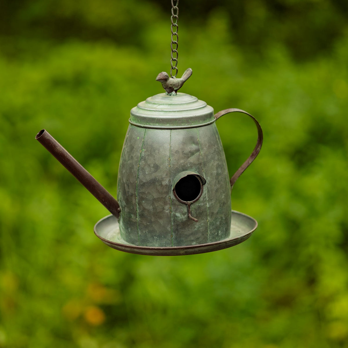 Rounded teapot birdhouse with a long angled spout, circular entrance, curved handle, and bird finial.