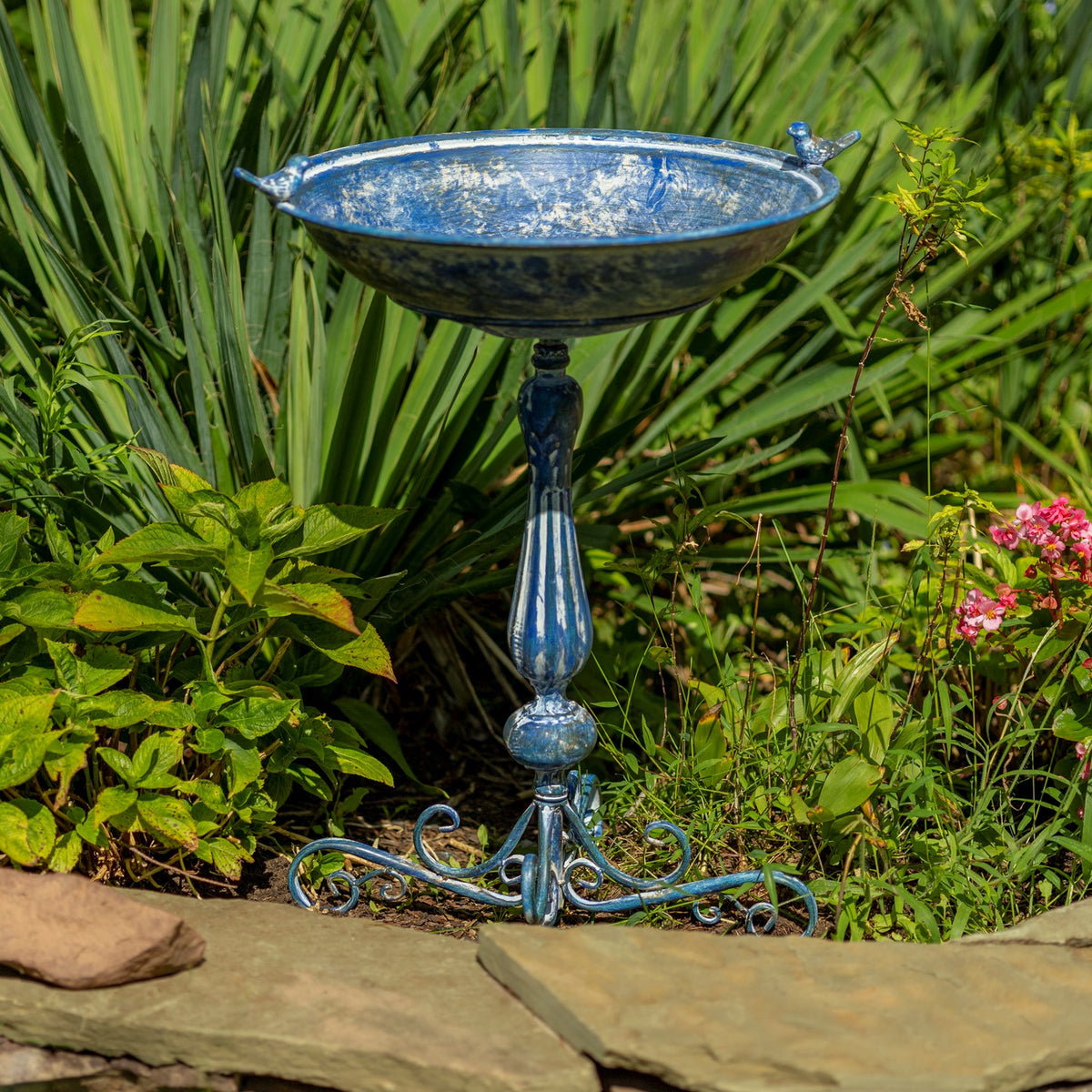 Blue birdbath shown from the front among leafy plants, with its ornate curled base visible.