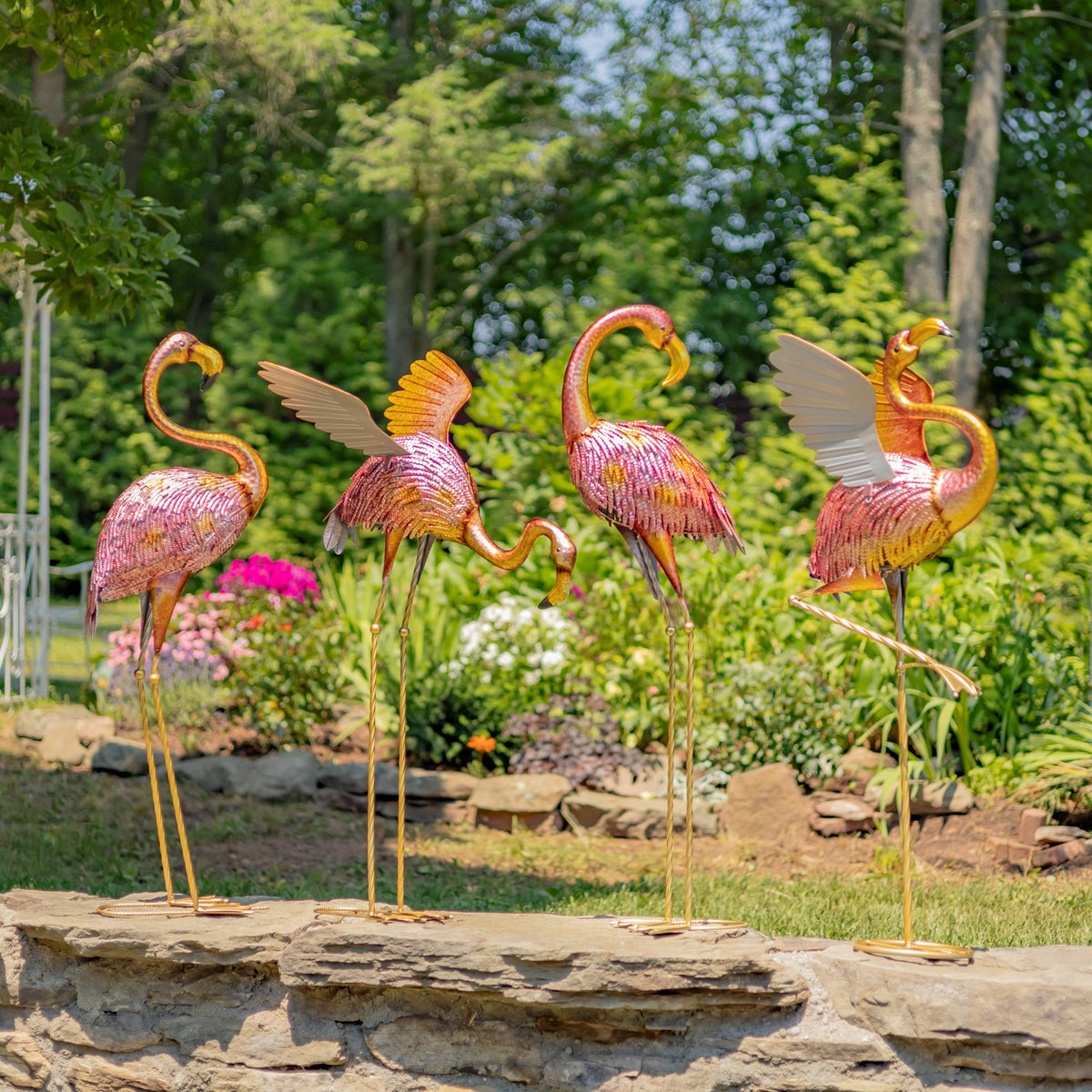 Set of 4 Pink Iron Flamingos Garden Decoration