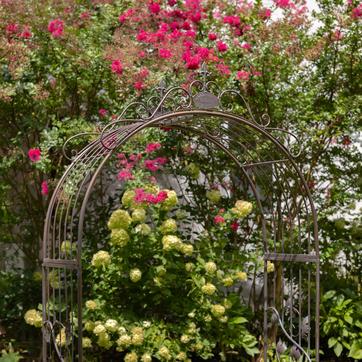 Curved metal arch with ornate scrollwork shown against flowering garden shrubs.