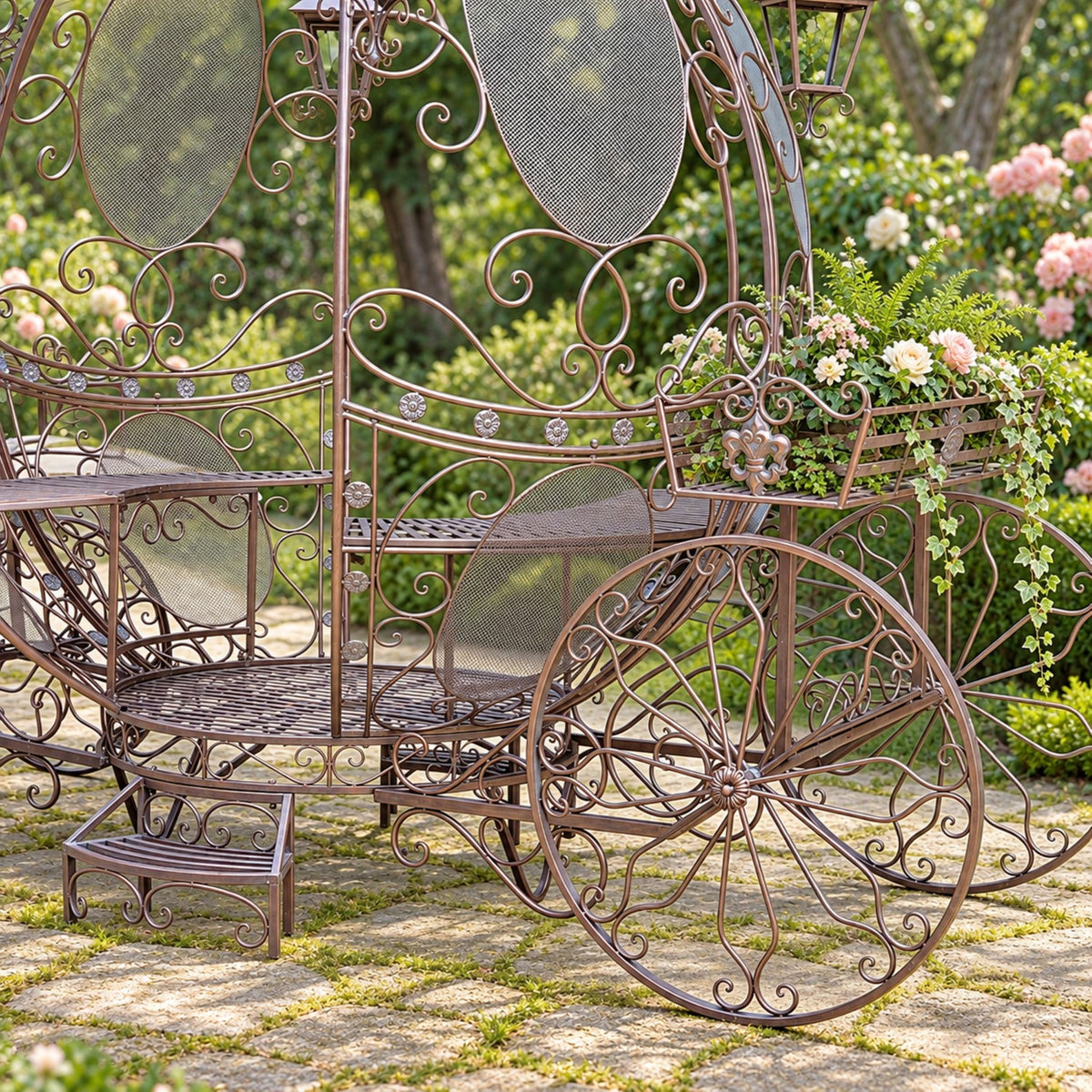 Close view of the carriage seating, ornate iron wheel and flower-filled planter