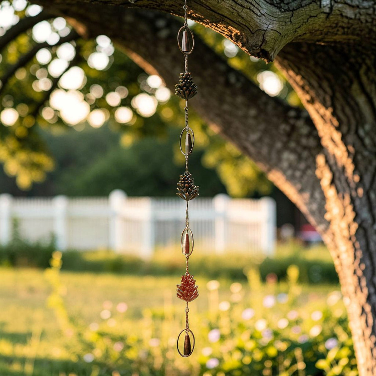 A slender hanging chain with spaced pinecone ornaments and oval metal cups against a garden backdrop.