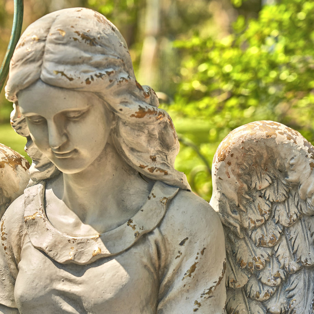 Close-up of a stone-colored angel statue’s face, hair, and textured wing in a garden.