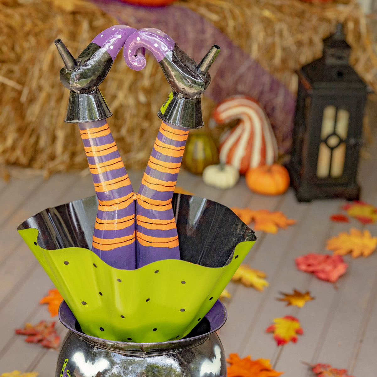 Close view of orange and purple striped witch legs rising from a green skirt