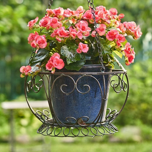 Dark metal hanging basket holding a flowerpot filled with pink blossoms